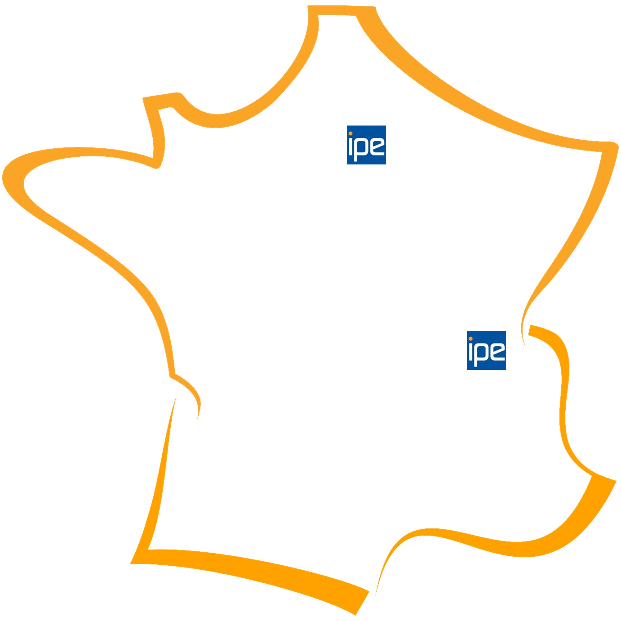 Image d'une carte de France contenant l'emplacement des agences IPE Bâtiment actuelles et à venir